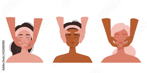Three  multi ethnic girls are having facial massage at a beauty spa. Top view with the hands of a masseur. Relaxation and lifting effect of beauty skin care. Vector illustration. 