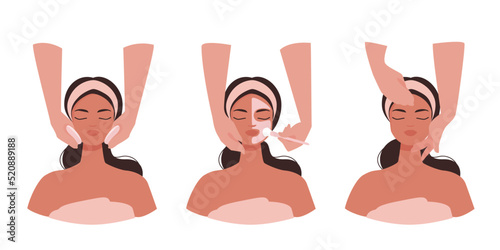 Beautiful young lady lies in a spa salon. Top view with hands of a cosmetologist.  Beauty treatment steps for relaxation and healthy glowing skin. Vector illustration isolated on white background. 