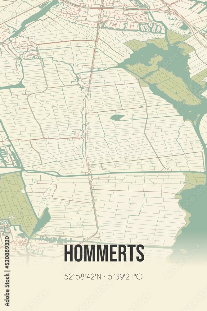 Retro Dutch city map of Hommerts located in Fryslan. Vintage street map.