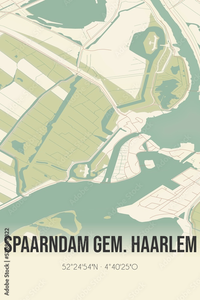 Naklejka premium Retro Dutch city map of Spaarndam gem. Haarlem located in Noord-Holland. Vintage street map.