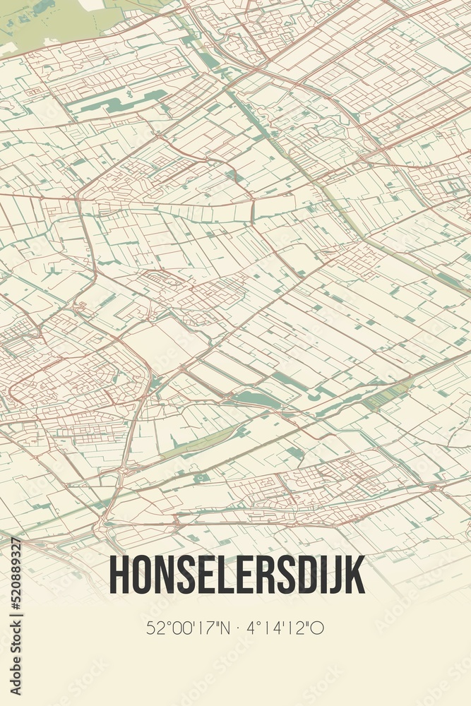 Retro Dutch city map of Honselersdijk located in Zuid-Holland. Vintage street map.