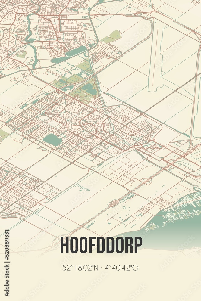 Retro Dutch city map of Hoofddorp located in Noord-Holland. Vintage street map.