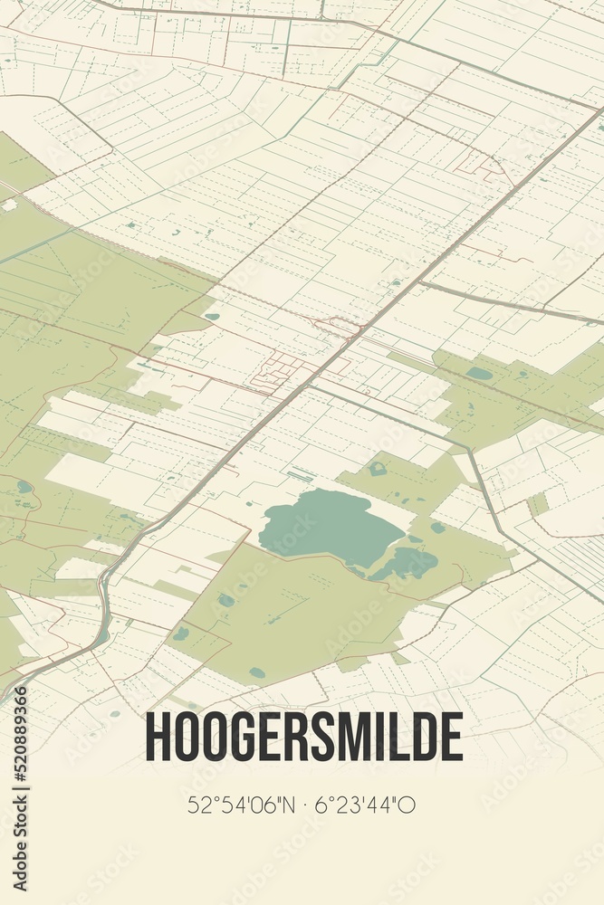 Retro Dutch city map of Hoogersmilde located in Drenthe. Vintage street map.