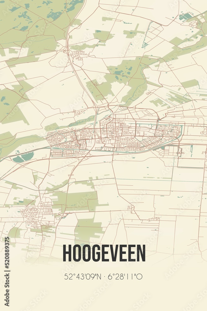 Retro Dutch city map of Hoogeveen located in Drenthe. Vintage street map.