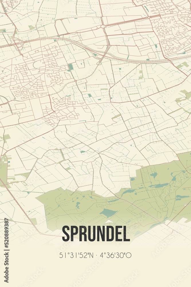 Retro Dutch city map of Sprundel located in Noord-Brabant. Vintage street map.