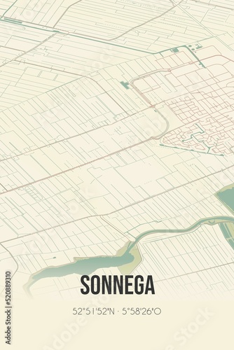Retro Dutch city map of Sonnega located in Fryslan. Vintage street map.