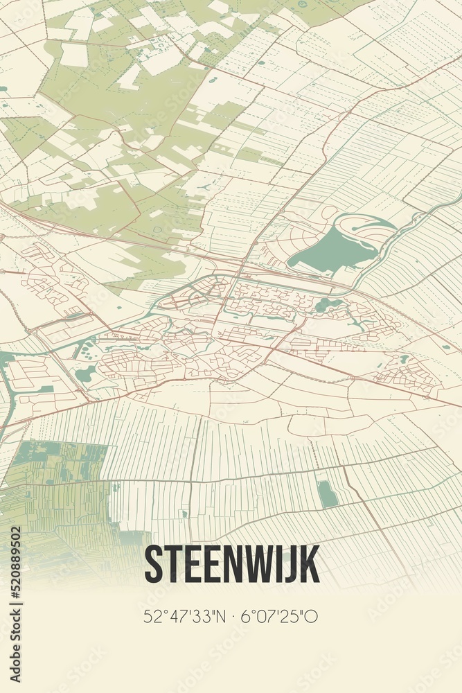 Retro Dutch city map of Steenwijk located in Overijssel. Vintage street map.