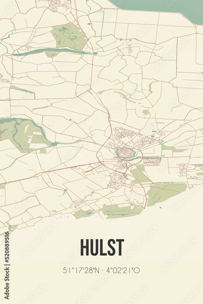 Retro Dutch city map of Hulst located in Zeeland. Vintage street map.