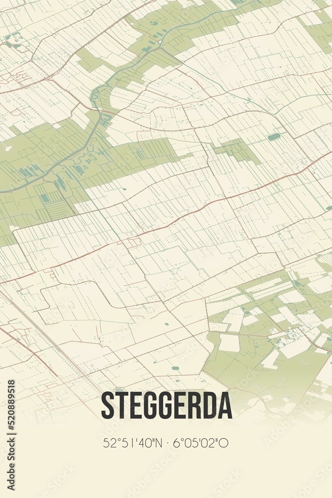 Retro Dutch city map of Steggerda located in Fryslan. Vintage street map.