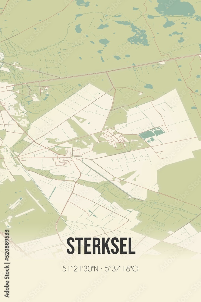 Retro Dutch city map of Sterksel located in Noord-Brabant. Vintage street map.