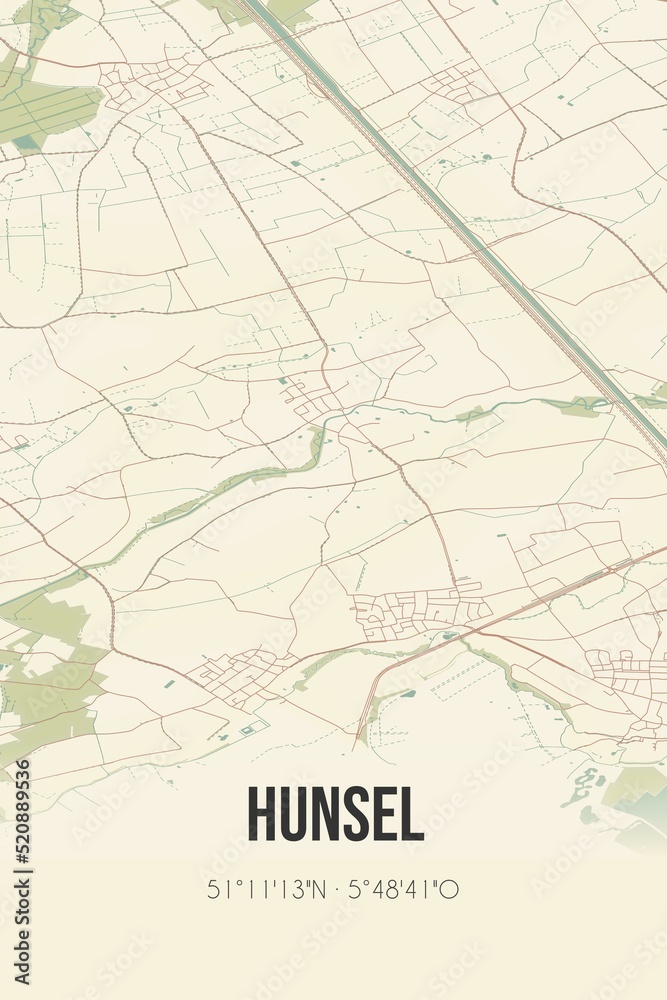 Retro Dutch city map of Hunsel located in Limburg. Vintage street map.