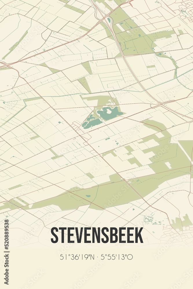 Retro Dutch city map of Stevensbeek located in Noord-Brabant. Vintage street map.