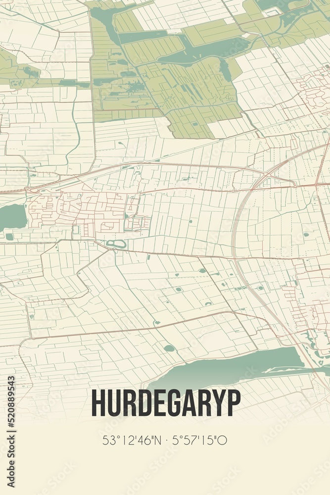 Retro Dutch city map of Hurdegaryp located in Fryslan. Vintage street map. Retro Dutch city map of Hurdegaryp located in Fryslan. Vintage street map.