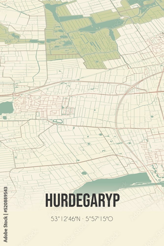 Retro Dutch city map of Hurdegaryp located in Fryslan. Vintage street map.