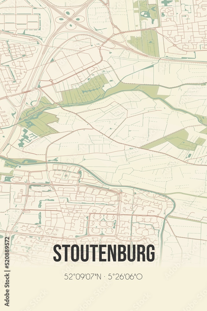 Retro Dutch city map of Stoutenburg located in Utrecht. Vintage street map.