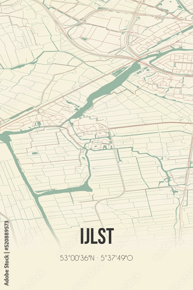 Retro Dutch city map of IJlst located in Fryslan. Vintage street map.