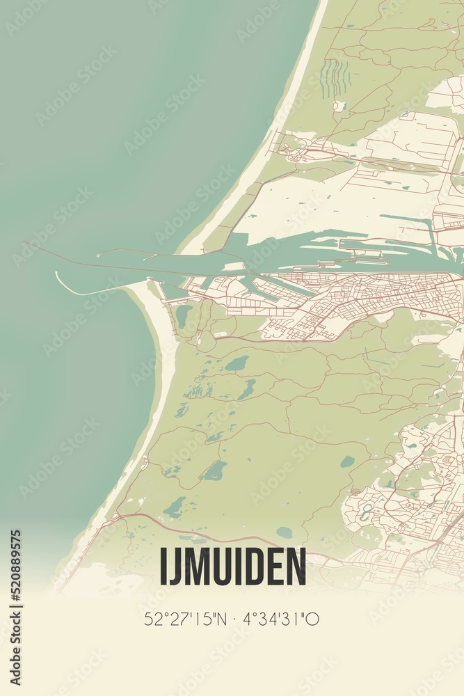 Fototapeta premium Retro Dutch city map of IJmuiden located in Noord-Holland. Vintage street map.