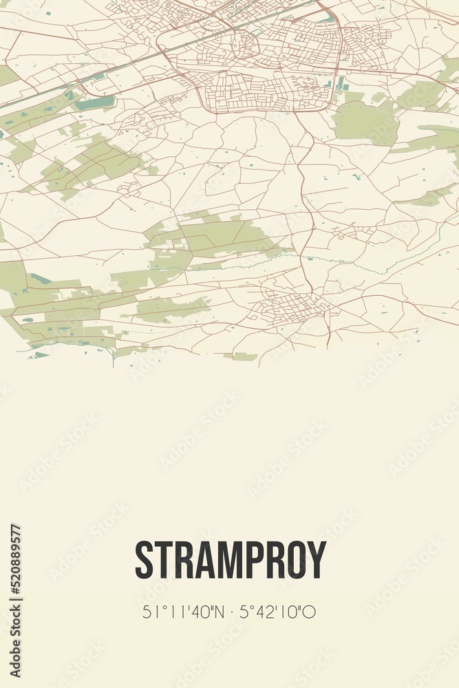 Retro Dutch city map of Stramproy located in Limburg. Vintage street map.