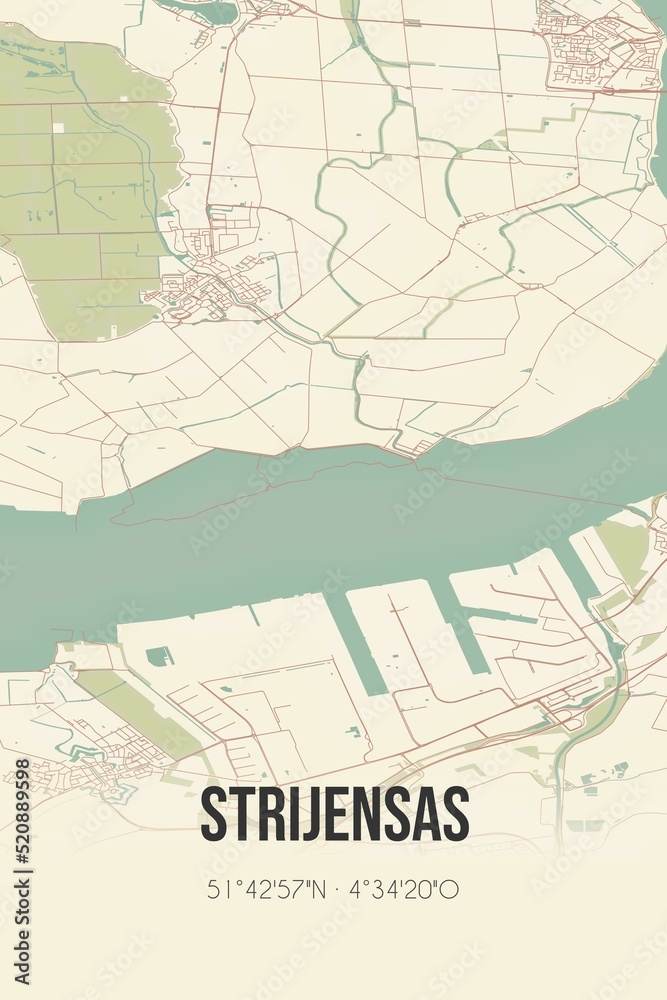 Retro Dutch city map of Strijensas located in Zuid-Holland. Vintage street map.