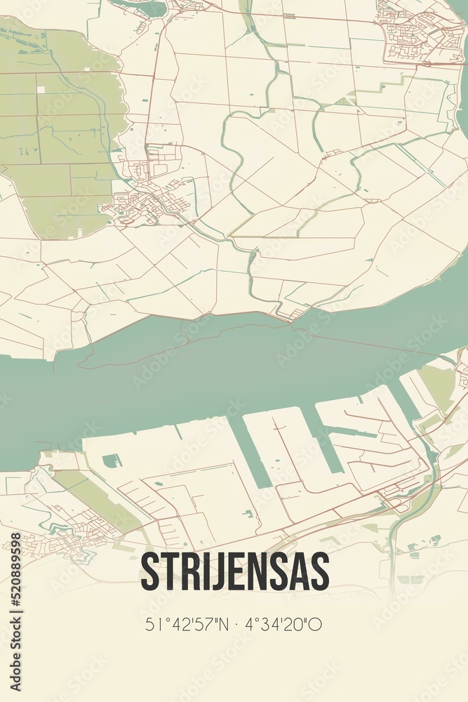 Obraz premium Retro Dutch city map of Strijensas located in Zuid-Holland. Vintage street map.