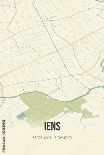 Retro Dutch city map of Iens located in Fryslan. Vintage street map.