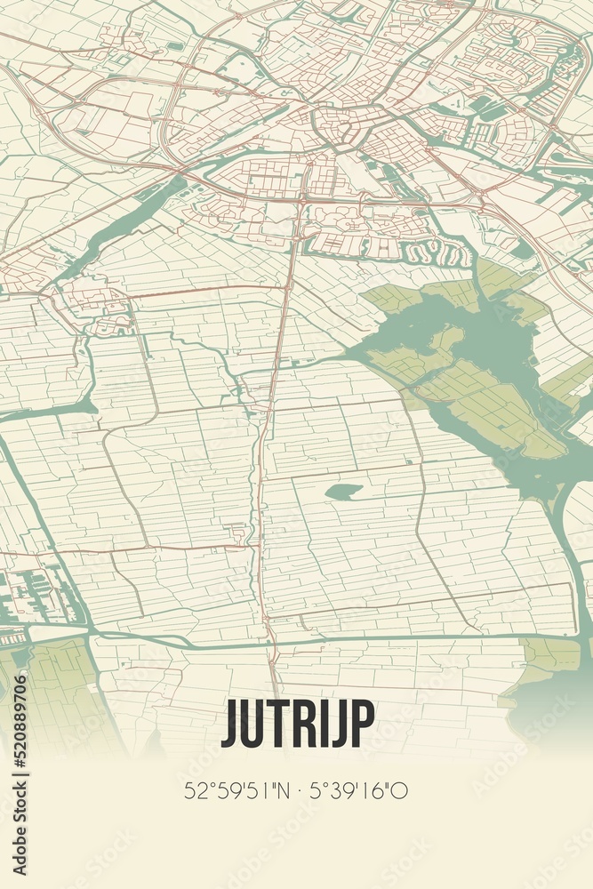 Retro Dutch city map of Jutrijp located in Fryslan. Vintage street map.