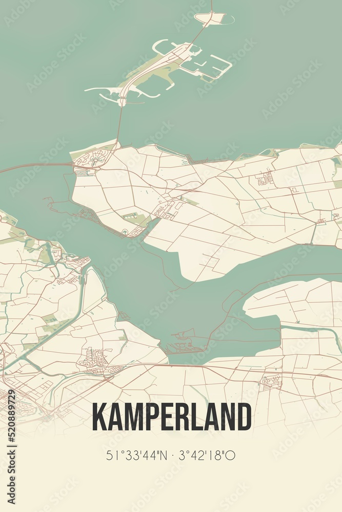Retro Dutch city map of Kamperland located in Zeeland. Vintage street map.