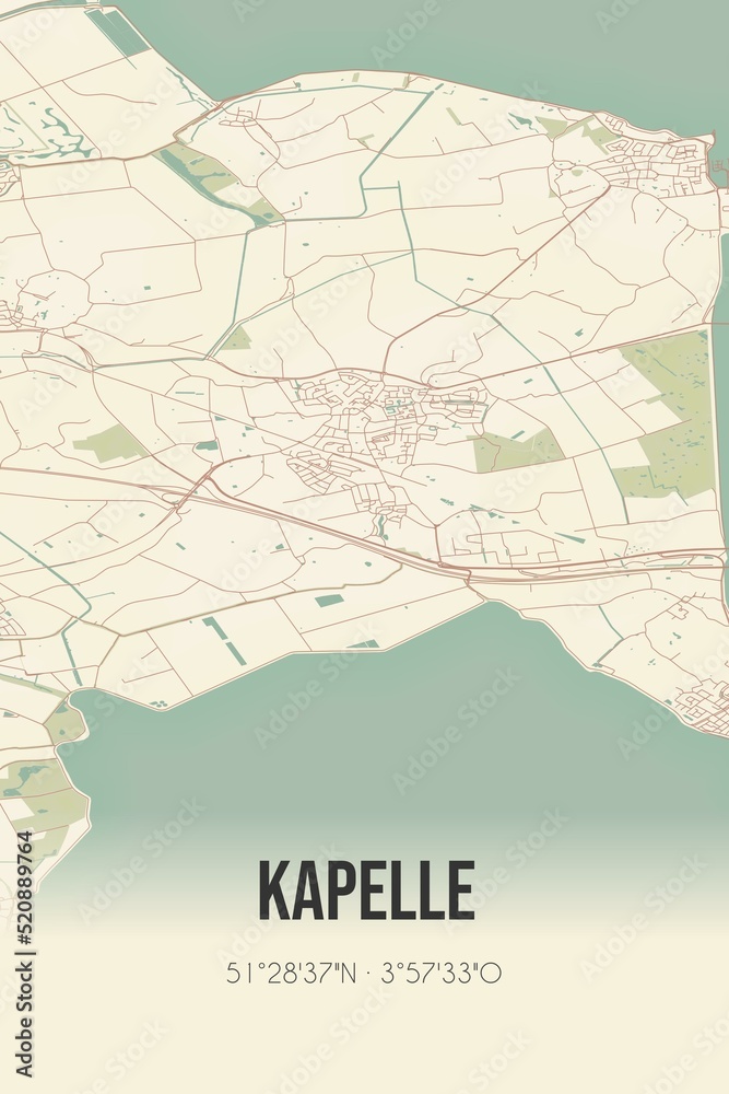 Retro Dutch city map of Kapelle located in Zeeland. Vintage street map.