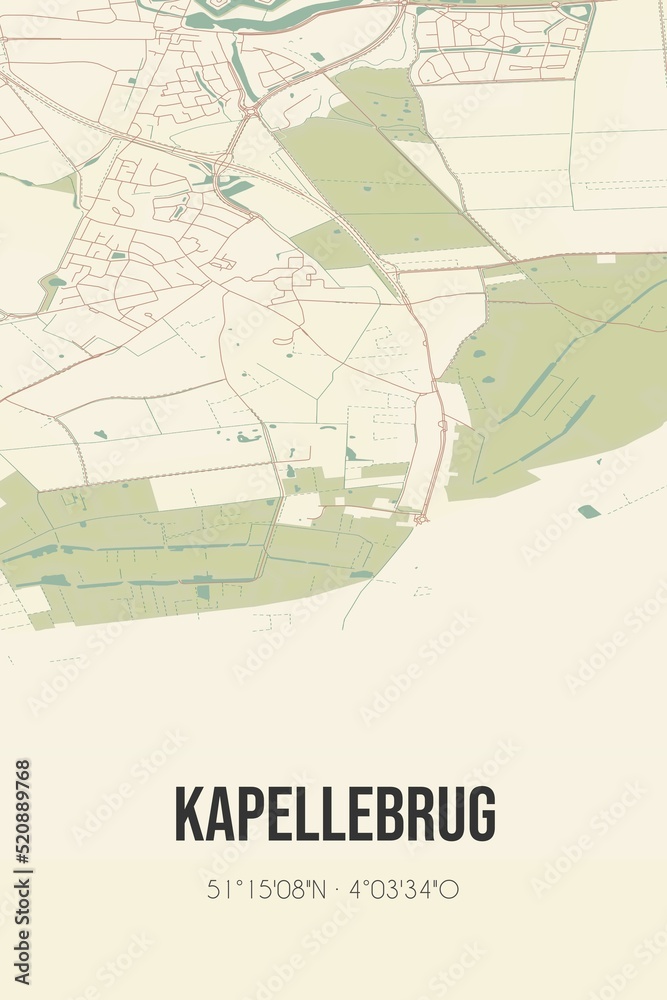Retro Dutch city map of Kapellebrug located in Zeeland. Vintage street map.