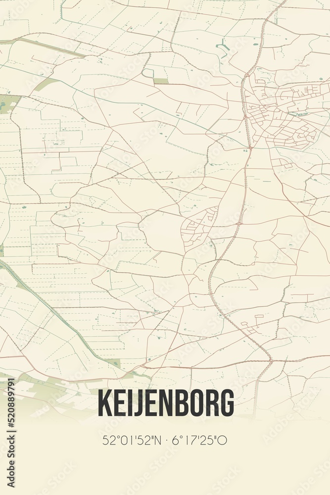 Retro Dutch city map of Keijenborg located in Gelderland. Vintage street map.
