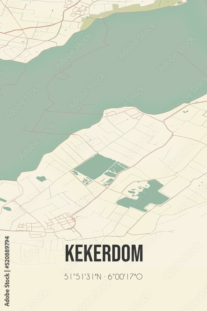 Obraz premium Retro Dutch city map of Kekerdom located in Gelderland. Vintage street map.