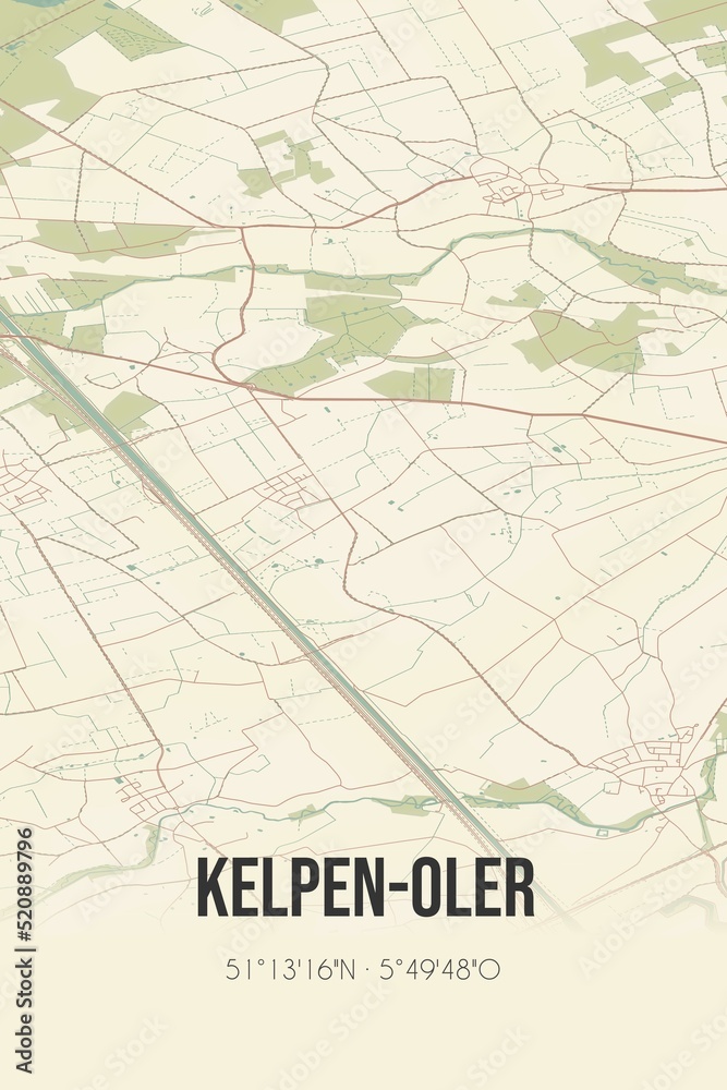 Retro Dutch city map of Kelpen-Oler located in Limburg. Vintage street map.