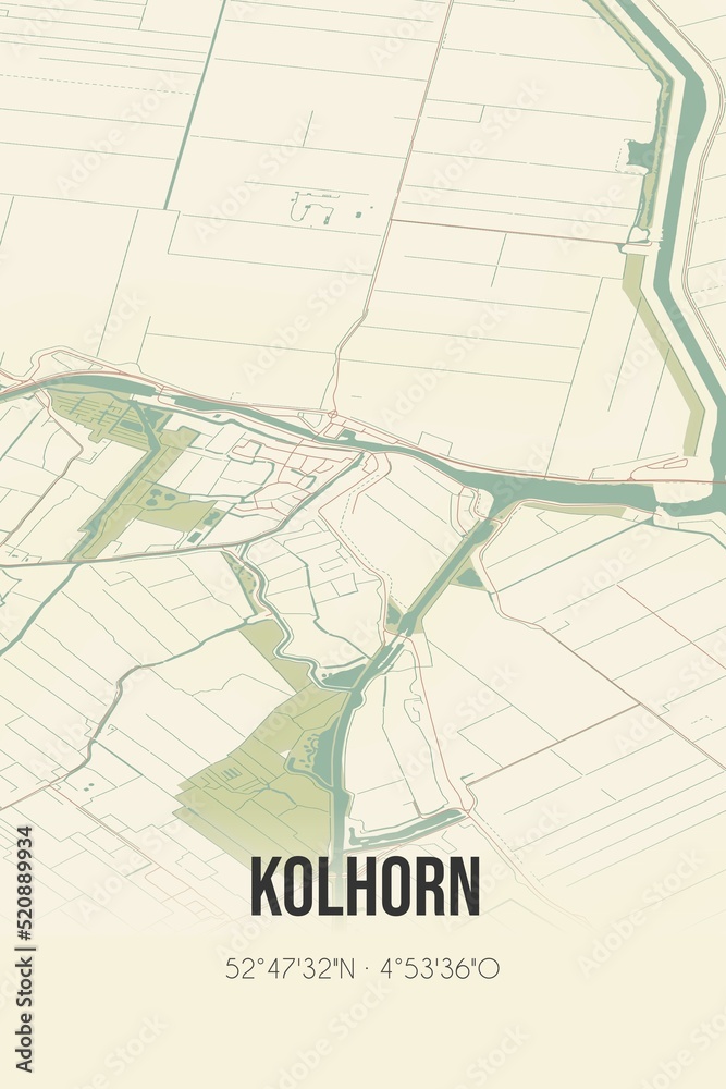 Retro Dutch city map of Kolhorn located in Noord-Holland. Vintage street map. Retro Dutch city map of Kolhorn located in Noord-Holland. Vintage street map.