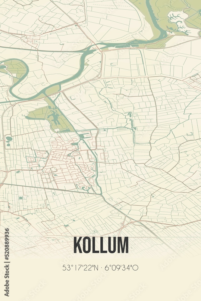 Obraz premium Retro Dutch city map of Kollum located in Fryslan. Vintage street map.