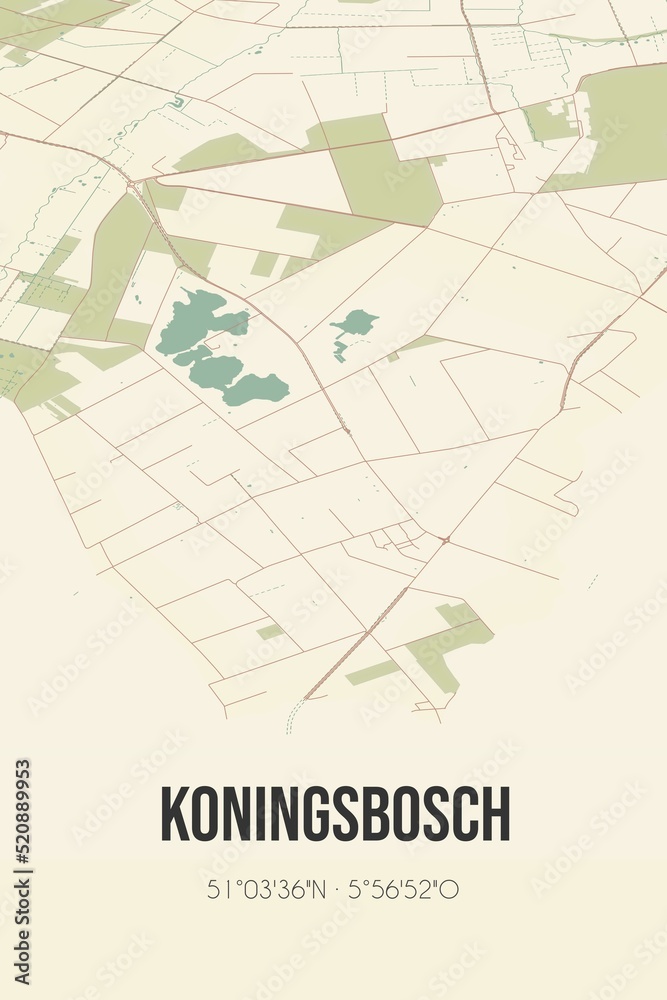 Retro Dutch city map of Koningsbosch located in Limburg. Vintage street map.