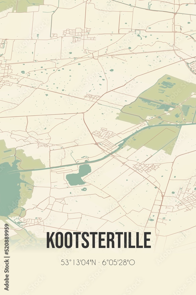Obraz premium Retro Dutch city map of Kootstertille located in Fryslan. Vintage street map.