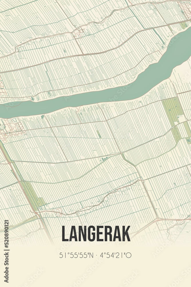 Retro Dutch city map of Langerak located in Zuid-Holland. Vintage street map.