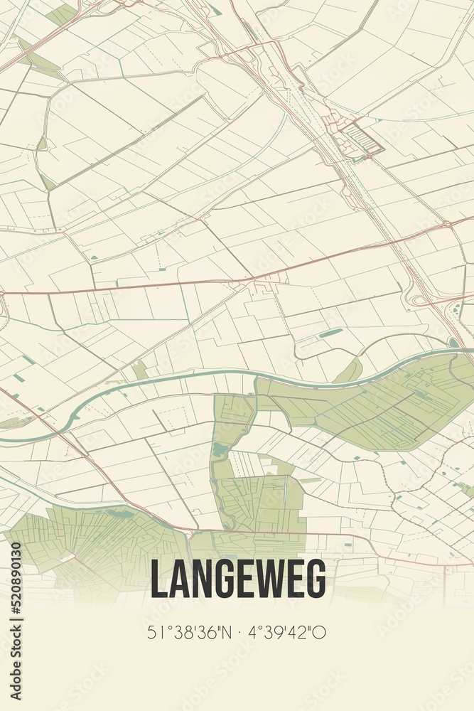 Retro Dutch city map of Langeweg located in Noord-Brabant. Vintage street map.