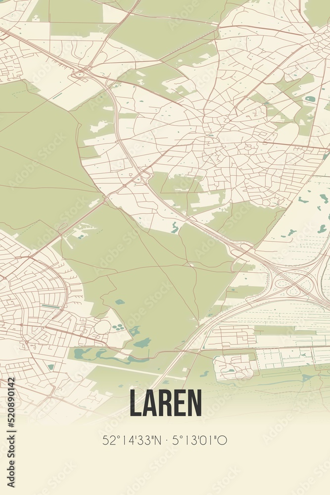 Retro Dutch city map of Laren located in Noord-Holland. Vintage street map.