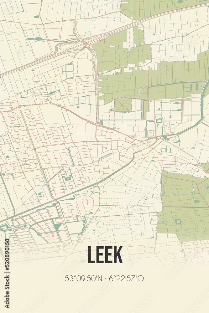 Retro Dutch city map of Leek located in Groningen. Vintage street map.