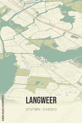 Retro Dutch city map of Langweer located in Fryslan. Vintage street map.