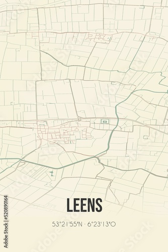 Retro Dutch city map of Leens located in Groningen. Vintage street map.