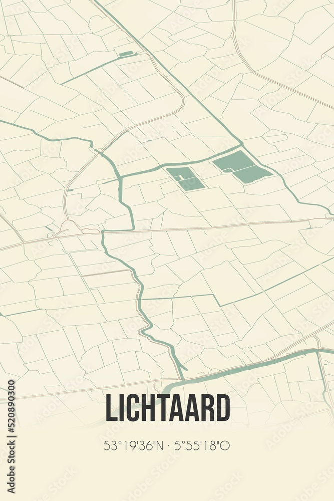 Retro Dutch city map of Lichtaard located in Fryslan. Vintage street map.