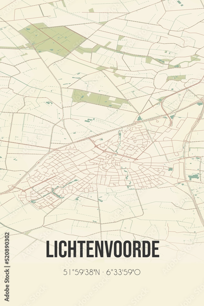 Retro Dutch city map of Lichtenvoorde located in Gelderland. Vintage street map.