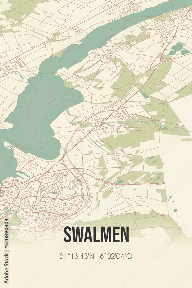 Retro Dutch city map of Swalmen located in Limburg. Vintage street map.