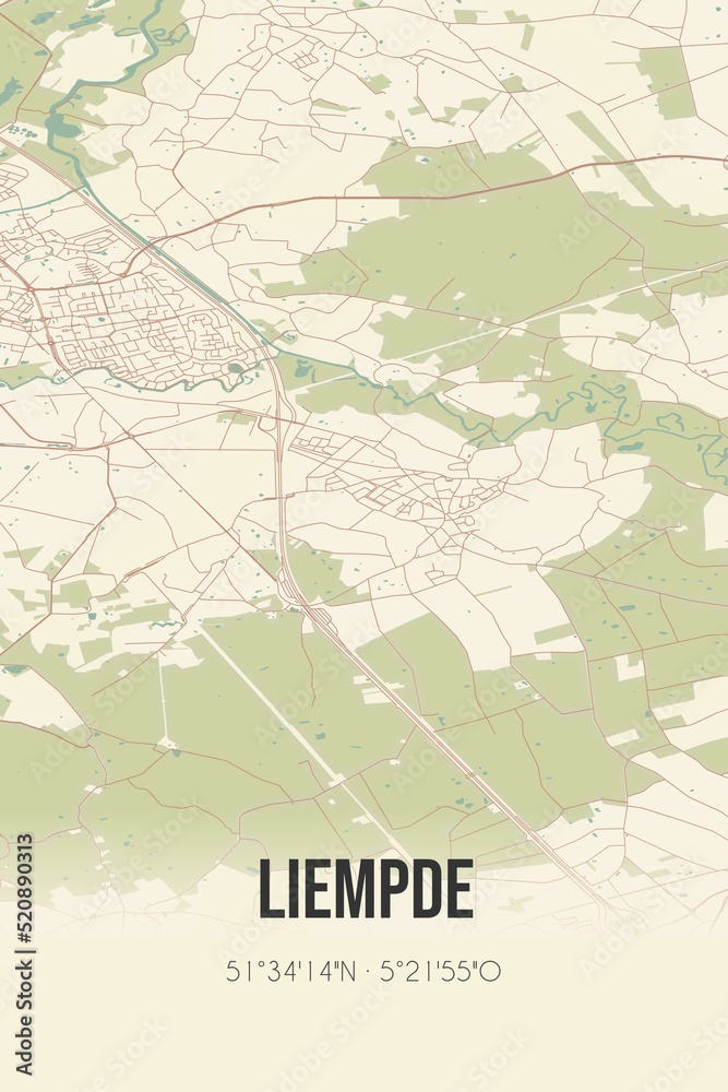 Fototapeta premium Retro Dutch city map of Liempde located in Noord-Brabant. Vintage street map.