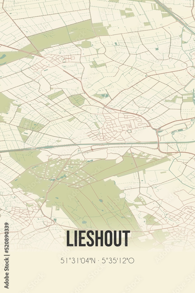 Retro Dutch city map of Lieshout located in Noord-Brabant. Vintage street map.