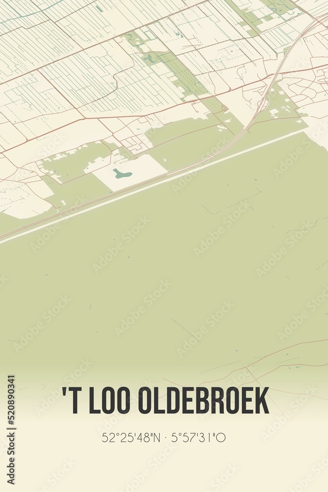 Fototapeta premium Retro Dutch city map of 't Loo Oldebroek located in Gelderland. Vintage street map.
