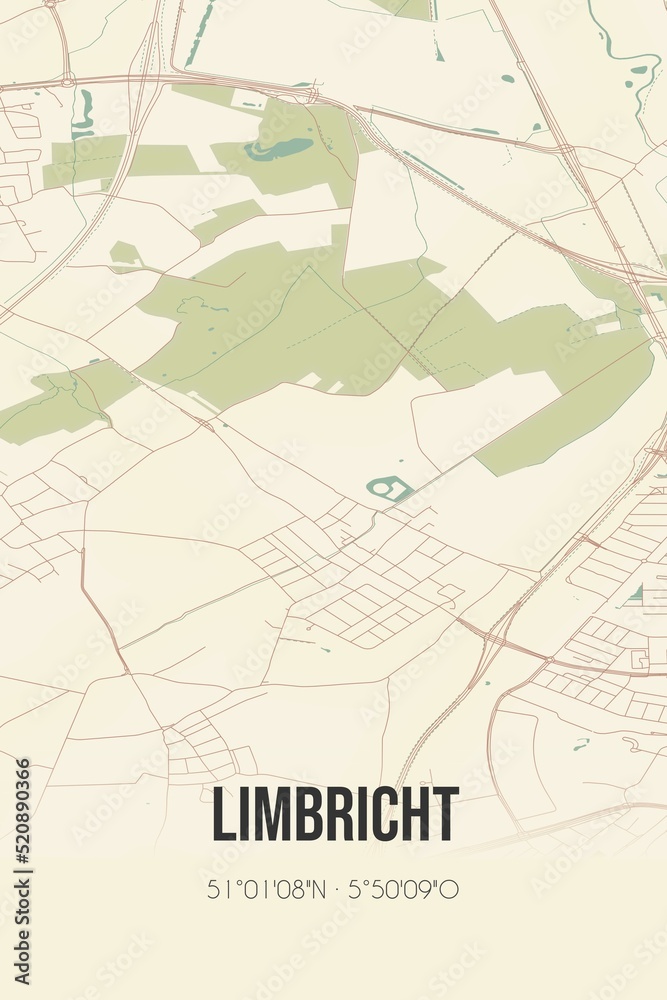 Retro Dutch city map of Limbricht located in Limburg. Vintage street map.