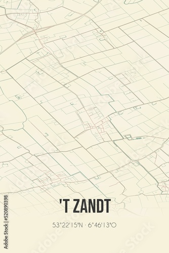 Retro Dutch city map of 't Zandt located in Groningen. Vintage street map. photo